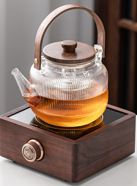 琨德家用围炉烤茶胡桃木小型电陶炉玻璃蒸茶器烧水壶煮茶壶电热炉