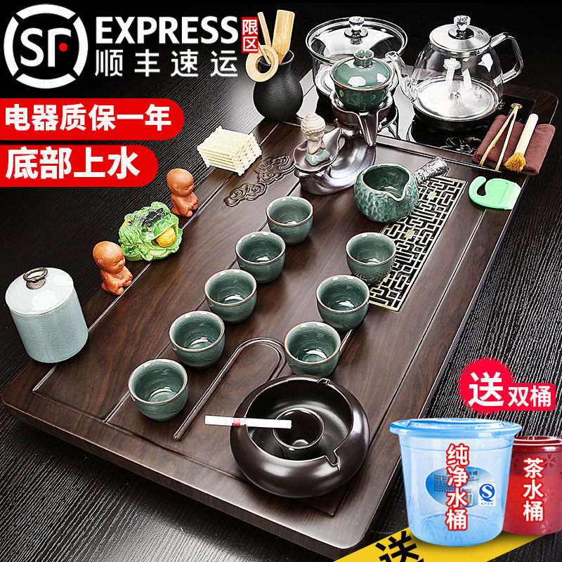 琨德实木茶盘全自动玻璃烧水壶一体功夫茶具套装家用办公室泡茶台