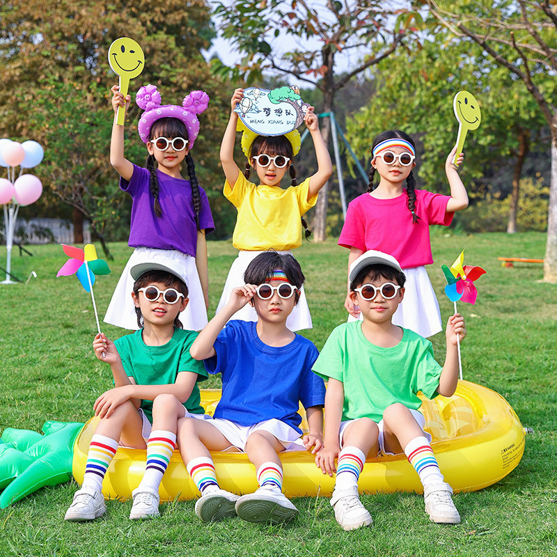 国庆儿童啦啦队演出服小学生运动会幼儿园糖果色短袖毕业班服套装