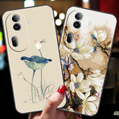 opporeno11pro手机壳复古风reno11硅胶软壳女款oppo保护套超薄磨砂浮雕荷花0pp0ren011por带挂绳指环扣支架