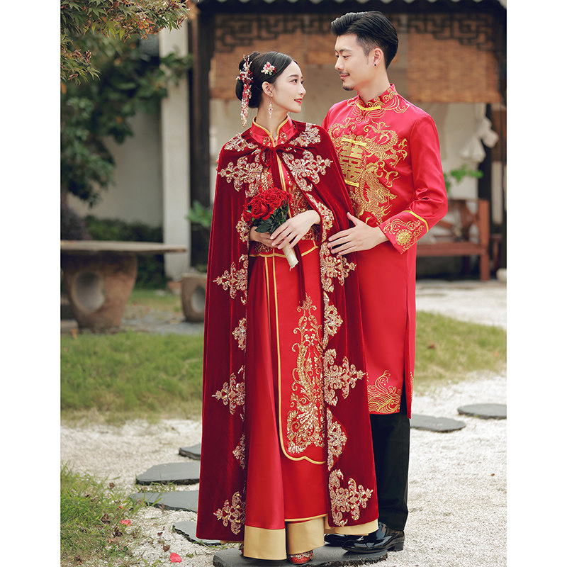 秀禾披风新娘结婚丝绒外搭中式古装外套长款中国风蕾丝绣花斗篷秋