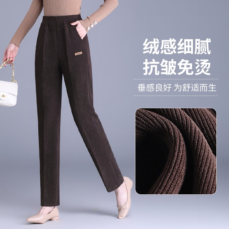 新款春秋款灯芯绒条绒中老年高腰妈妈裤子宽松女裤直筒休闲裤长裤