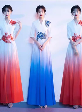 红歌大合唱团演出服礼服女长裙诗歌朗诵舞台表演服主持人指挥服装