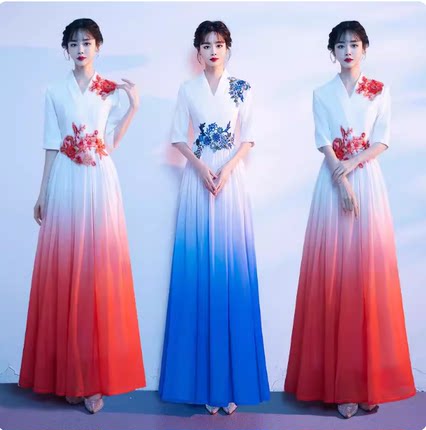 红歌大合唱团演出服礼服女长裙诗歌朗诵舞台表演服主持人指挥服装