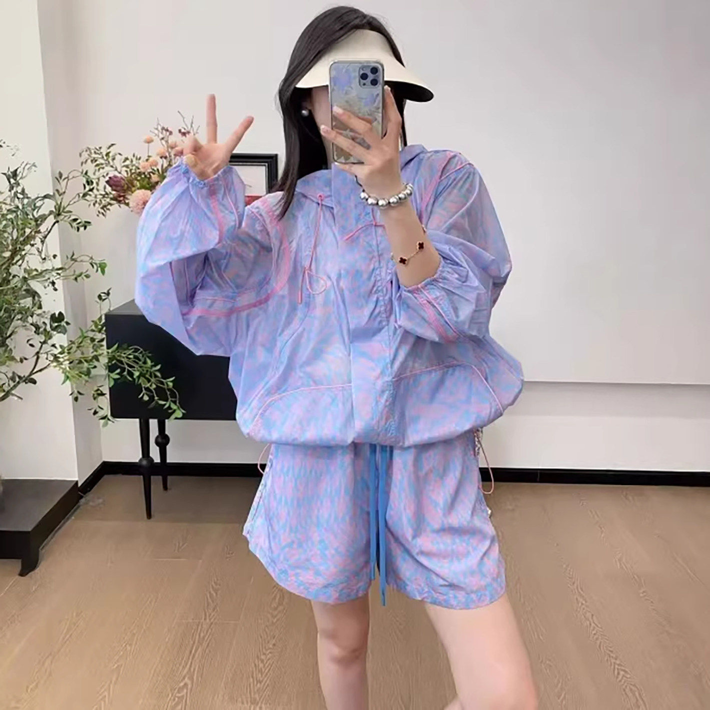 大码胖mm宽松速干防晒衬衫短裤两件套夏季轻薄透气休闲运动套装女