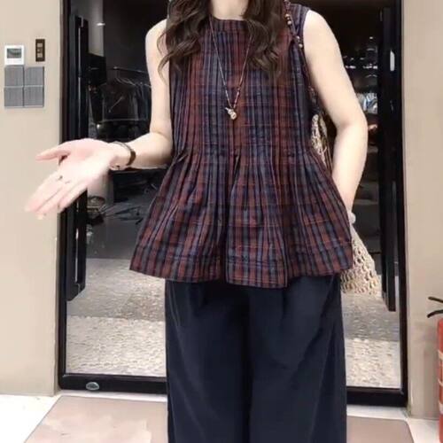 欧货无袖撞色格纹大码夏季衬衫女