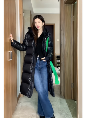 反季黑色亮面羽绒棉服长款加厚过膝男女情侣款黑金免洗大码女装潮
