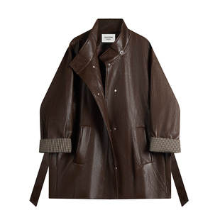 中长款 女装 pu皮夹克潮 2025大码 港风复古高级感格子拼接皮衣秋冬季