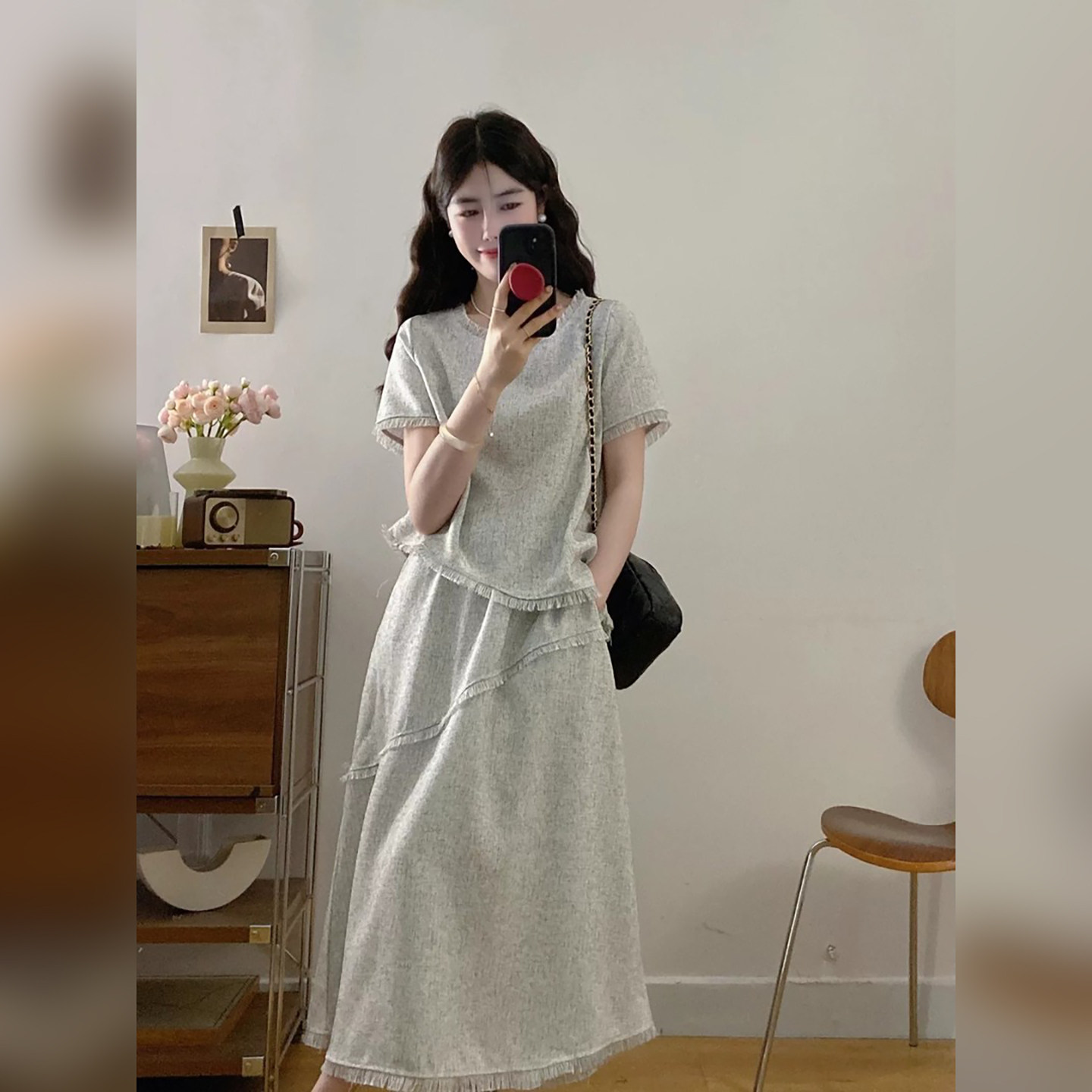 夏季大码女装短袖流苏裙两件套图片