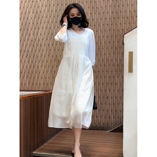 气质裙子 高级感白色连衣裙女宽松显瘦温柔减龄七分袖 白色夏季 新款