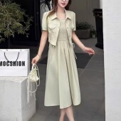 大码 气质短款 新款 女夏季 上衣收腰显瘦吊带连衣裙两件套 套装 法式
