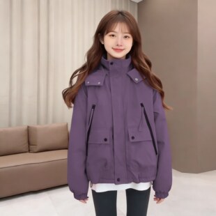 宽松多口袋设计拉链短外套 户外防风百搭连帽冲锋衣女韩版 春季 薄款