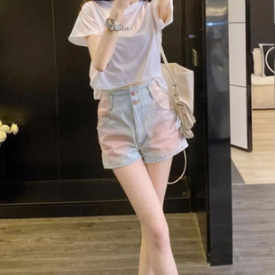 浅蓝美式洋红渐变牛仔短裤女春新款高腰宽松苗条水洗腮红a字短裤