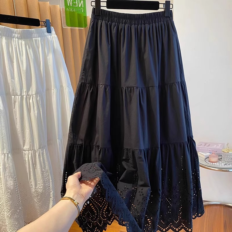 设计感小众镂空a字半身裙女夏季复古高腰显瘦宽松蛋糕裙中长裙子