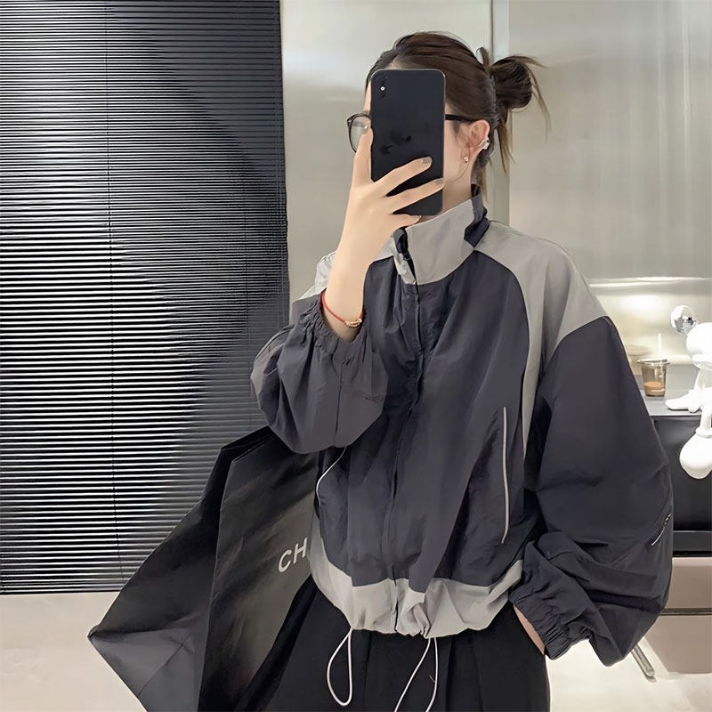 2024夏季新款洋气立领撞色拼接短款外套女时尚抽绳冲锋衣夹克上衣,女装/女士精品,短外套,淘宝优惠券,粉丝福利购,淘宝优惠卷