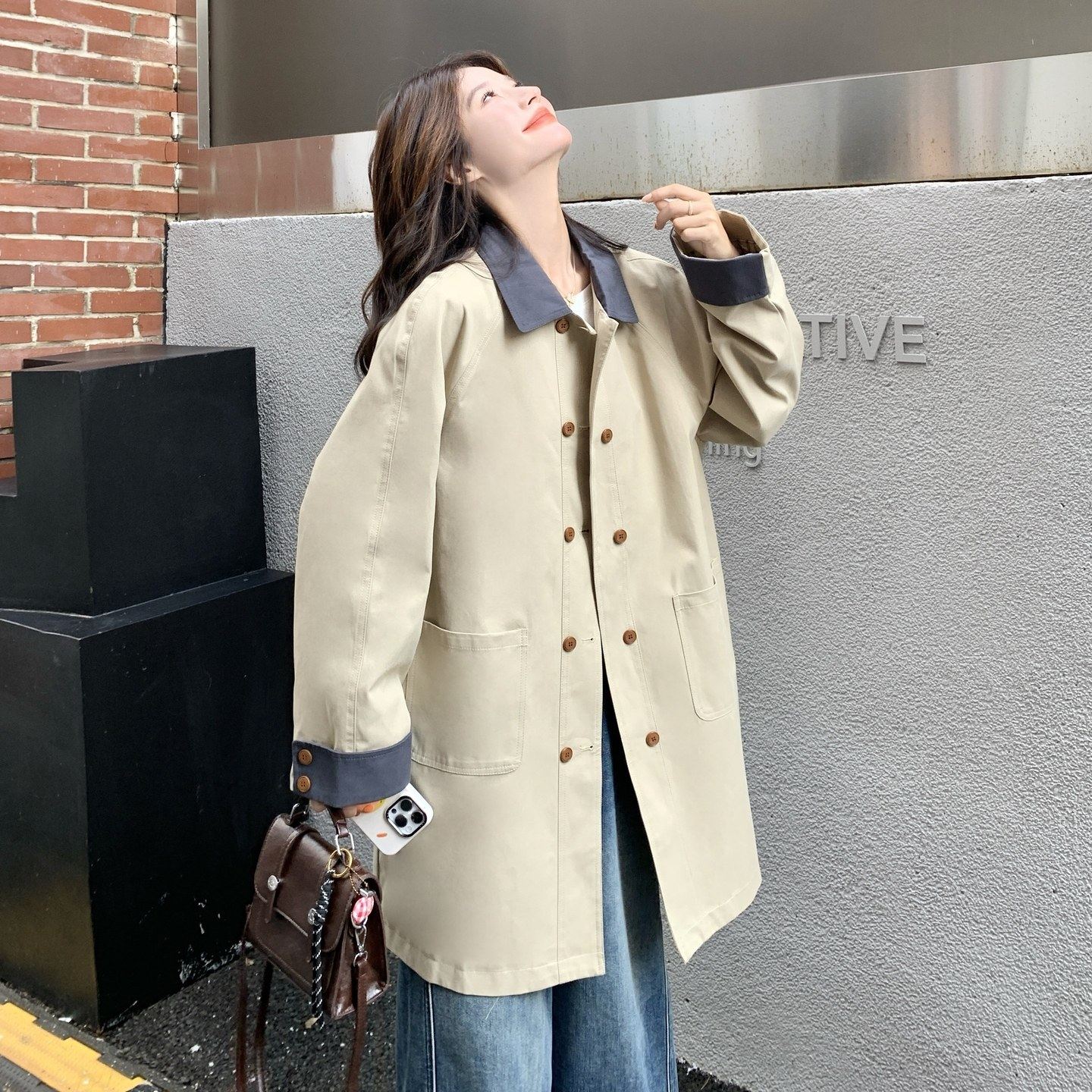 中长款翻领休闲风衣外套女2026春秋新款气质减龄收腰显瘦撞色大衣,女装/女士精品,风衣,淘宝优惠券,粉丝福利购,淘宝优惠卷