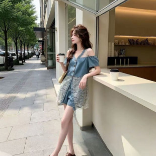 蕾丝拼接露肩牛仔薄套装女2026夏季大码宽松小心机短袖短裤两件套