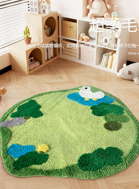 儿童房卡通绿色小鸭子圆形地毯卧室客厅书房加厚地垫学习桌垫