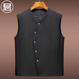 外穿复古薄棉真丝马夹中国风男装 君子企鹅新中式 斜襟马甲男秋冬季
