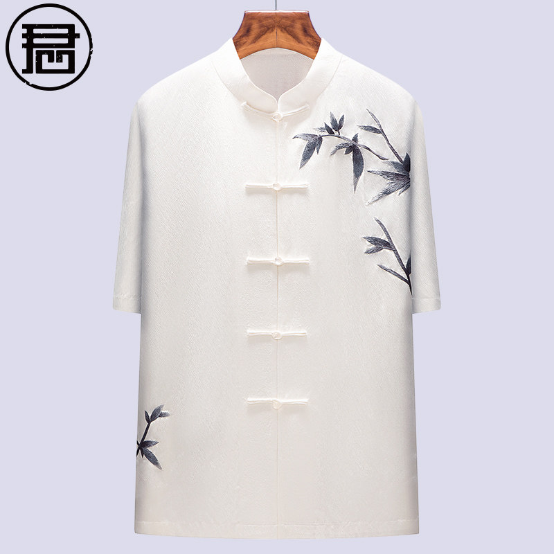 手绣唐装短袖男夏季上衣中式复古立领古装中式男装风大师衣服白色