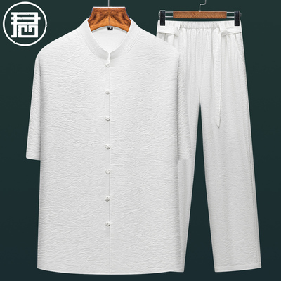 君子企鹅中式男士冰丝麻短袖套装
