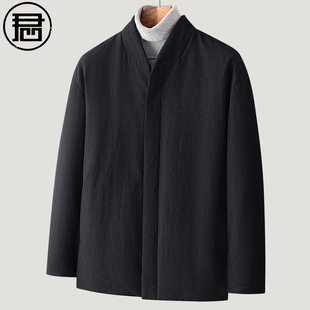 外套禅意复古V领国风棉麻男装 冬季 白鸭绒 轻薄羽绒服男短款 中式