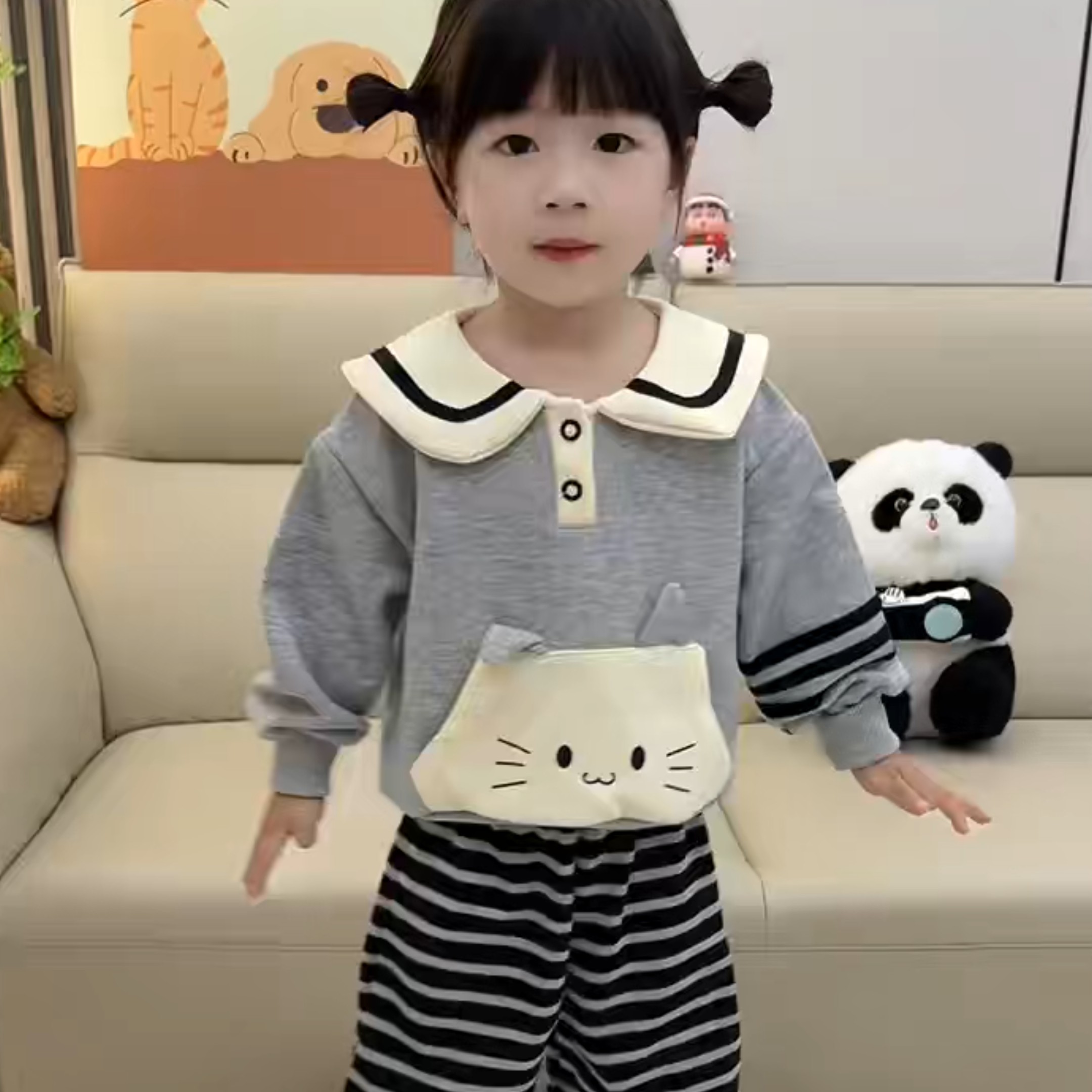 女童春款娃娃领条纹裤套装2026新款儿童休闲童装两件套图片