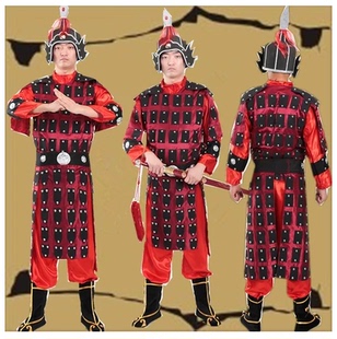 包邮 男女红色影视戏曲 盔甲演出服将军汉服舞台服古代士兵服装 古装