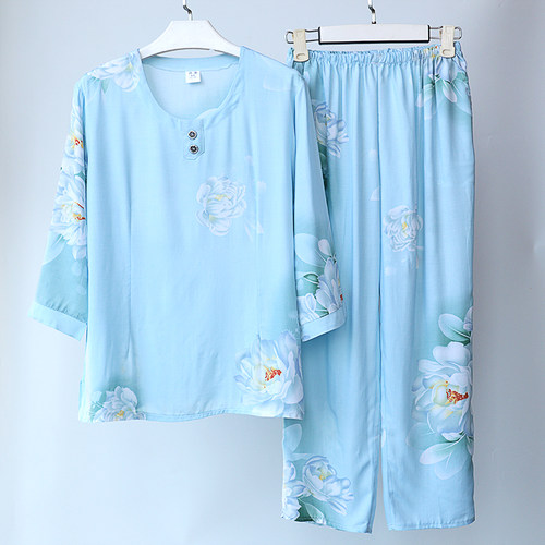 棉绸睡衣女宽松薄款七分袖绵绸家居服中老年妈妈夏天外出人棉套装