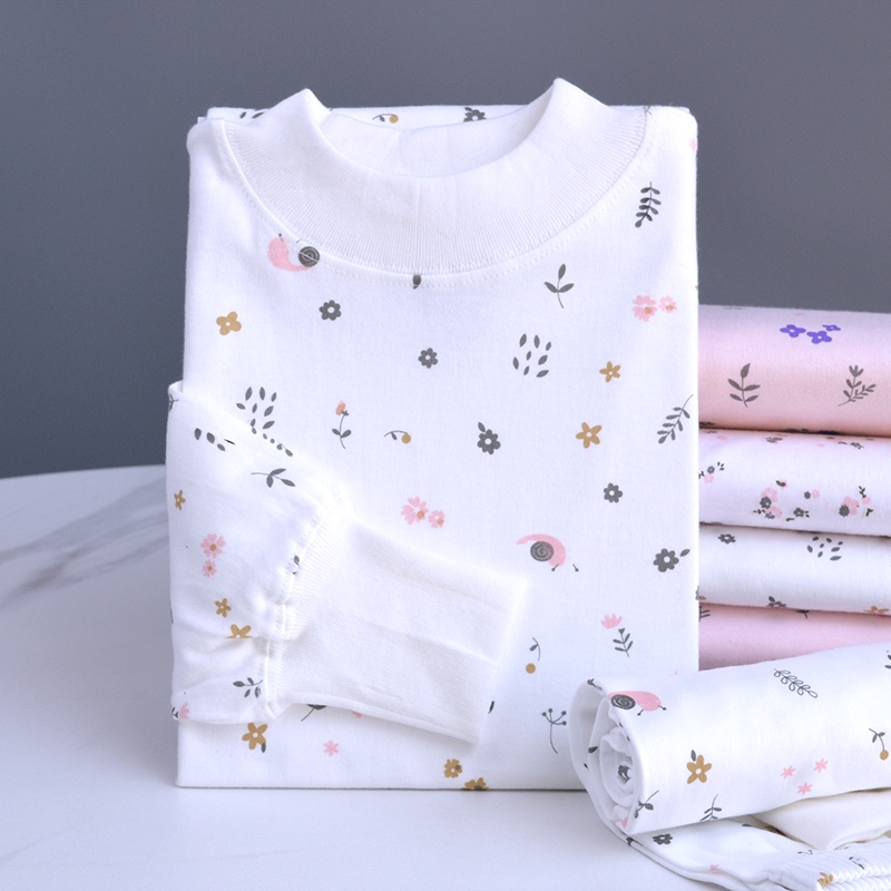 女士保暖内衣套装清新印花纯棉打底内穿棉毛衫中老年全棉秋衣秋裤