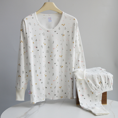 女士保暖内衣套装100%棉秋冬季原白碎花打底纯棉秋衣上衣全棉秋裤