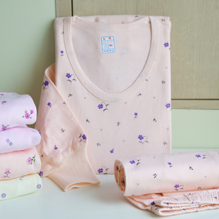 中老年人线衣线裤 100%全棉内衣套装 纯棉秋衣秋裤 印花低领老式 女