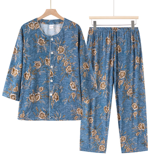 奶奶夏天外出棉绸套装老太太开扣七分袖薄款家居服宽松绵绸睡衣女