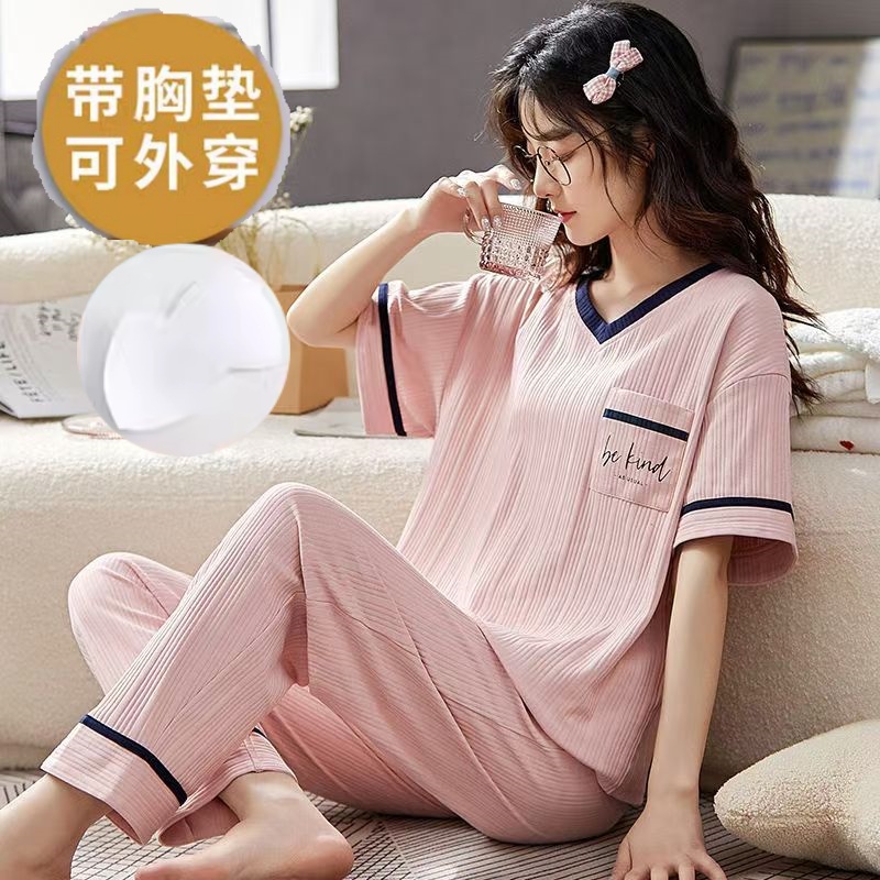 可外穿带胸垫短袖长裤纯棉女睡衣