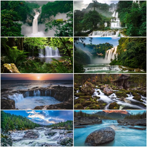 鱼缸背景贴纸画高清图瀑布山水风景画外贴水族造景装饰图高端定制