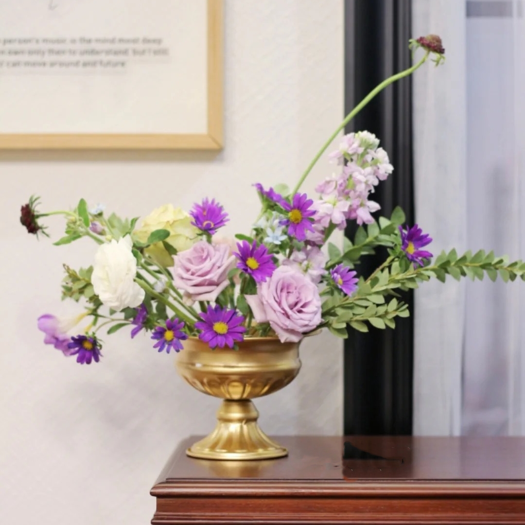 *番茄森森*古典高脚花器花艺花翁金色金属轻奢家居桌花瓶婚礼道具