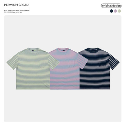 复古270克重磅拼色条纹短袖T恤男士夏季口袋装饰休闲百搭半袖tee