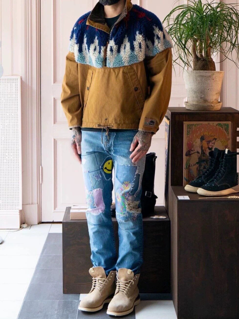 钟楚曦同款 KAPITAL平田和宏日系休闲羊羔绒拼接工装半高领外套潮