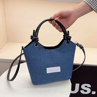 复古牛仔布手提菜篮子包包女2025新款 单肩斜挎包潮韩国小众水桶包
