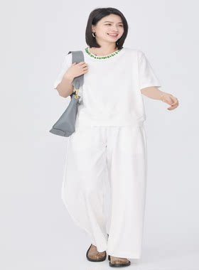 紫布语2026夏季新款简约领口时尚镶钻女针织肥腿裤套装663\665