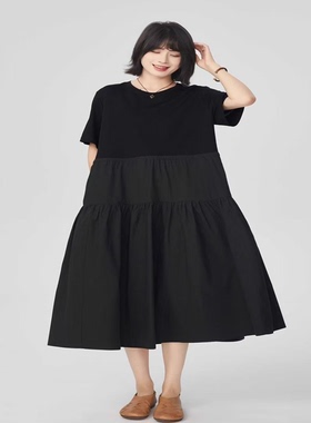 翠色嘉人2026夏季新款通勤文艺大码法式拼接短袖连衣裙女85018