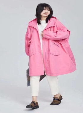 翠色嘉人2026春季气质休闲中长款女二侧大口袋阔版风衣外套84023