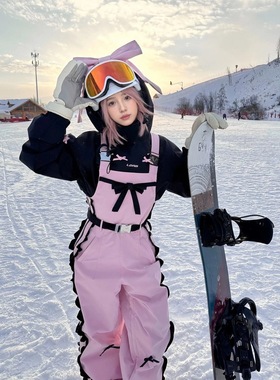 将军山雪服租赁，LDAB粉色2025新款蝴蝶结加厚背带裤卫衣套装