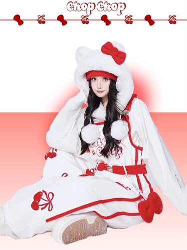 将军山雪服租赁，CHOPCHOP【樱桃奶芙】毛毛樱桃背带裤套装大码