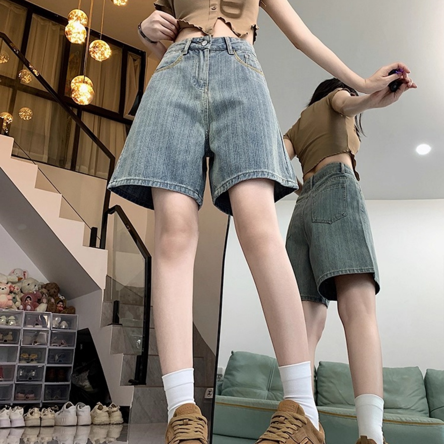 梨形身材复古牛仔短裤女夏季大码宽松直筒高腰显瘦阔腿五分中裤子