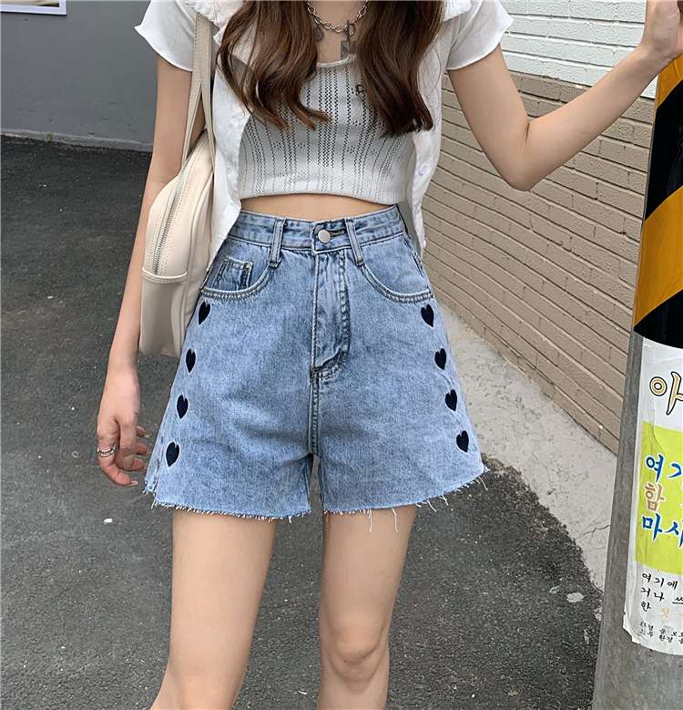 Summer new love embroidery high waist thin A-line loose wide leg versatile denim shorts