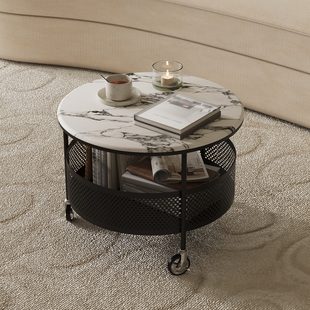 法式中古风轻奢高级感可移动微晶石小茶几圆形小推车边几小圆桌子