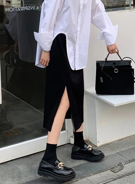 黑色松紧腰直筒半身裙女2026夏季新款大码遮肉显瘦侧开叉中长裙