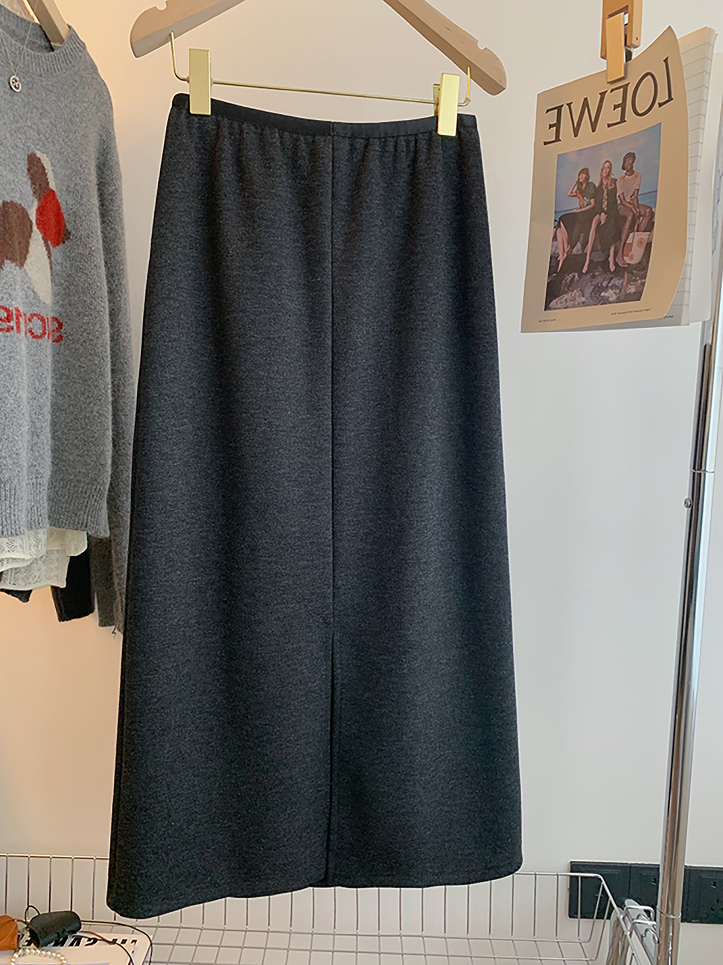 Elastic Waist Woolen Skirt for Women, New Autumn and Winter Style, Plus Size, High Waist, Hip-Covering, Slimming, Back Slit, Mid-Length A-Line Skirt