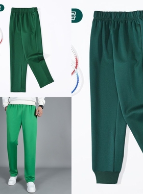 绿色纯色束脚校服裤子初高中小学生休闲运动裤宽松直筒春夏季短裤